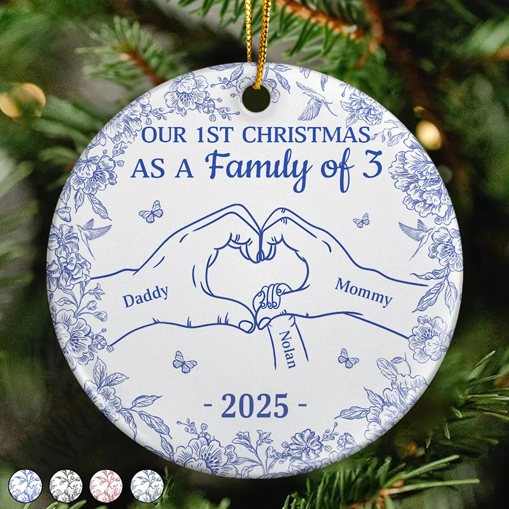 Christmas,Family,Parents,Happy,New Dad,New baby,New Mom - First Christmas As A Family Of Three Toile Hand - Personalized Circle Ceramic Ornament