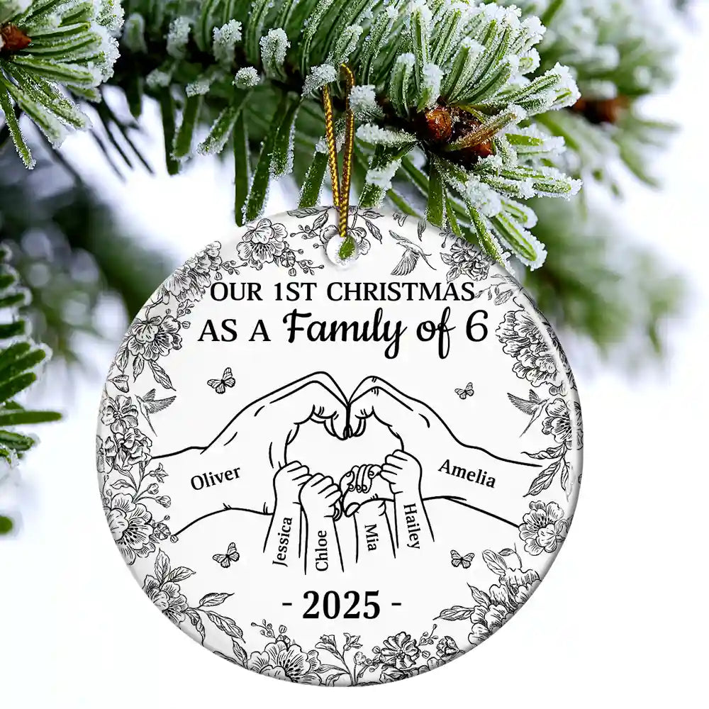 Christmas,Family,Parents,Happy,New Dad,New baby,New Mom - First Christmas As A Family Of Three Toile Hand - Personalized Circle Ceramic Ornament