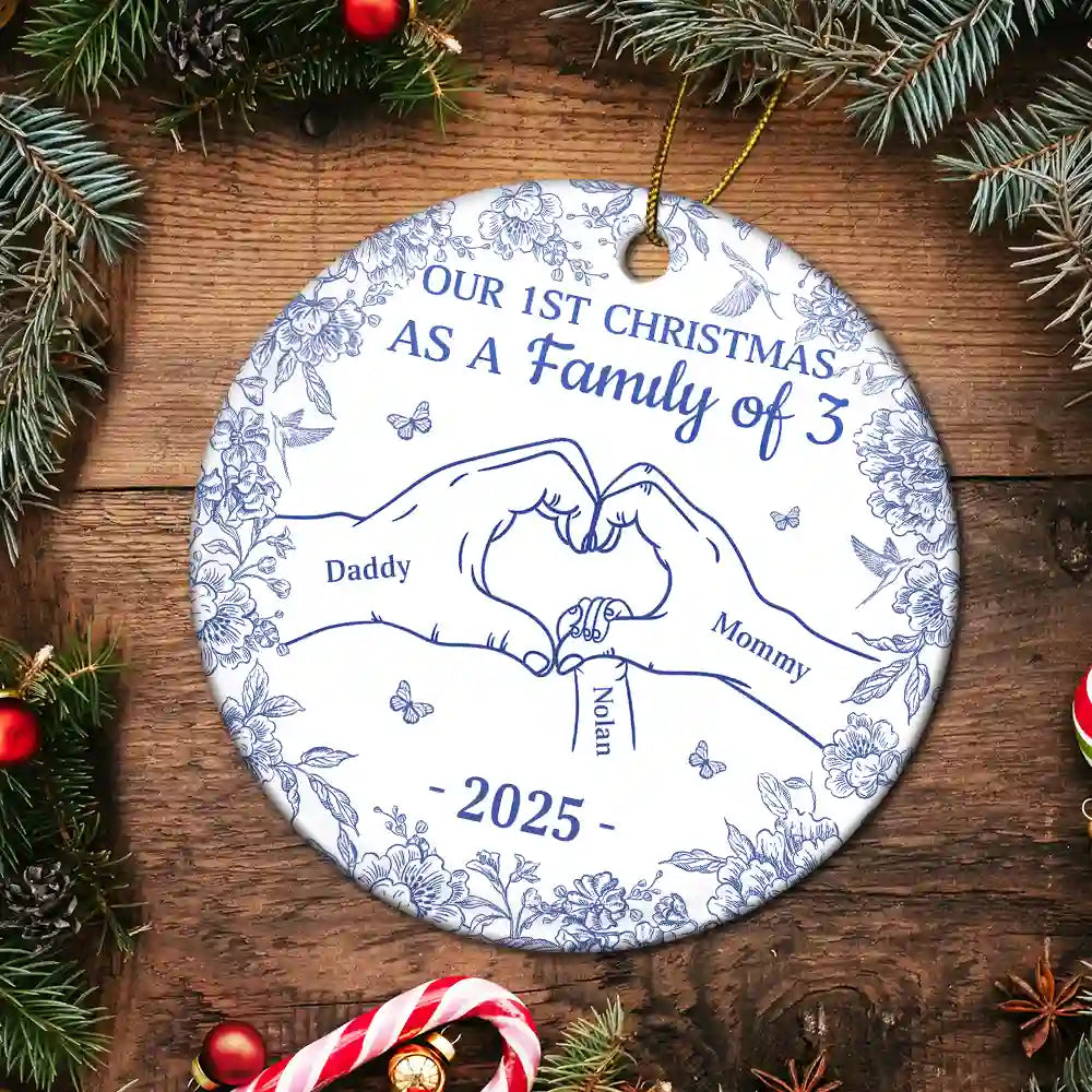 Christmas,Family,Parents,Happy,New Dad,New baby,New Mom - First Christmas As A Family Of Three Toile Hand - Personalized Circle Ceramic Ornament