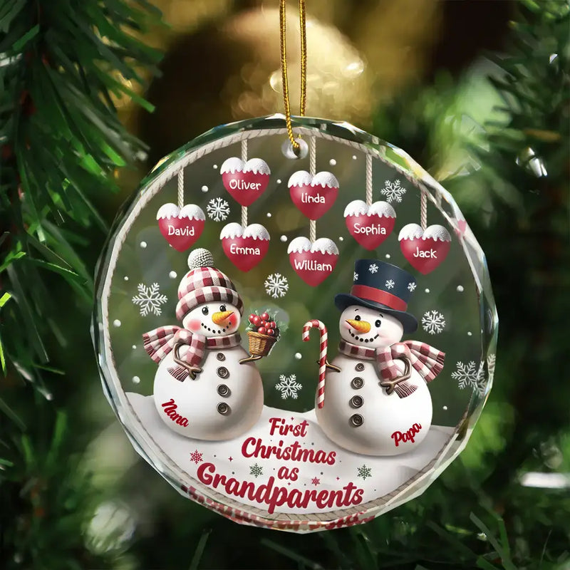 Happy,Gift For Grandma,Gift For Grandpa,Gift For Grandparents,Christmas - First Christmas As Grandparents Snowman - Personalized Circle Glass Ornament