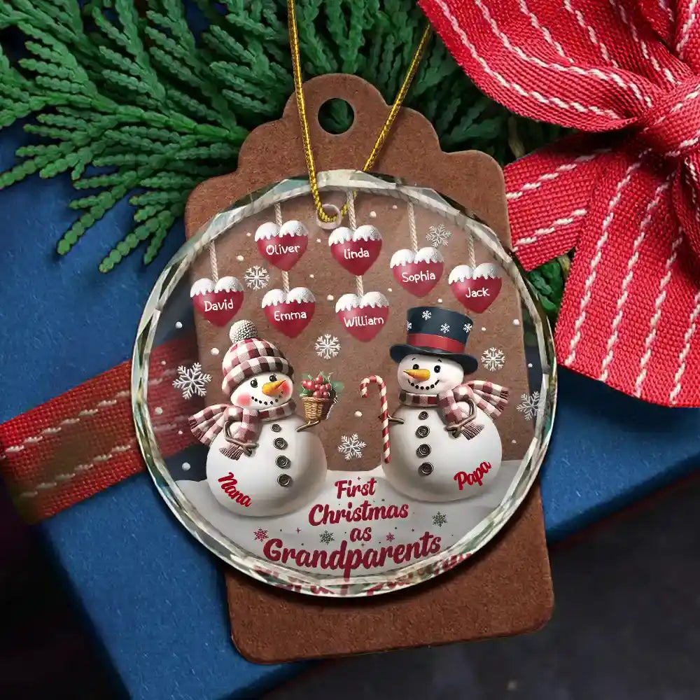 Happy,Gift For Grandma,Gift For Grandpa,Gift For Grandparents,Christmas - First Christmas As Grandparents Snowman - Personalized Circle Glass Ornament