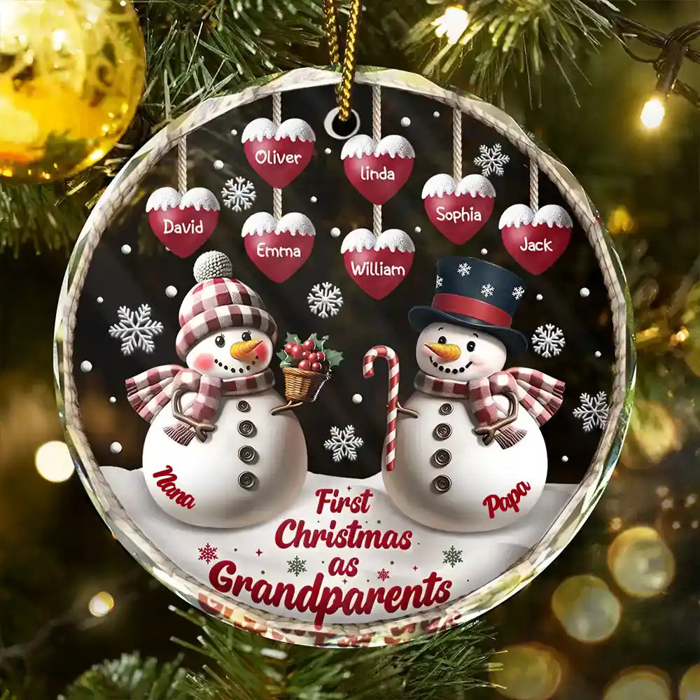 Happy,Gift For Grandma,Gift For Grandpa,Gift For Grandparents,Christmas - First Christmas As Grandparents Snowman - Personalized Circle Glass Ornament