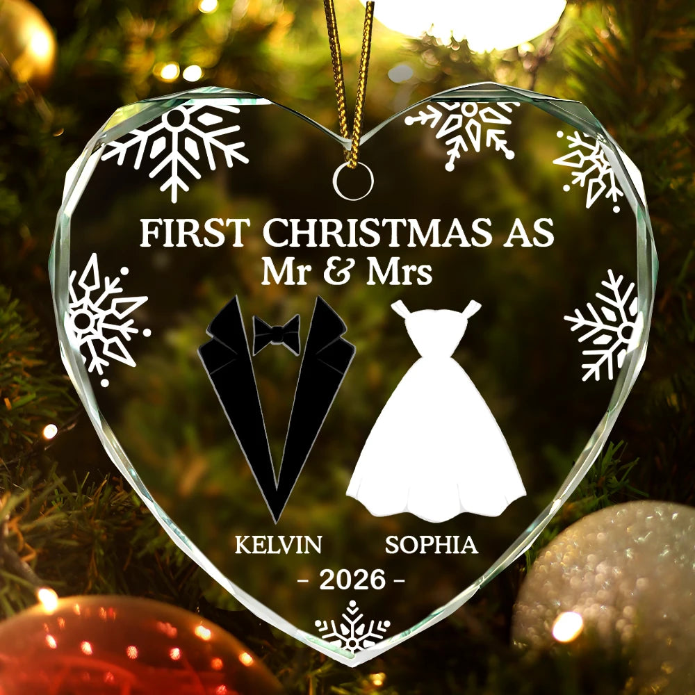 Premier Noël pour les couples mariés - Décoration en verre personnalisée en forme de cœur 