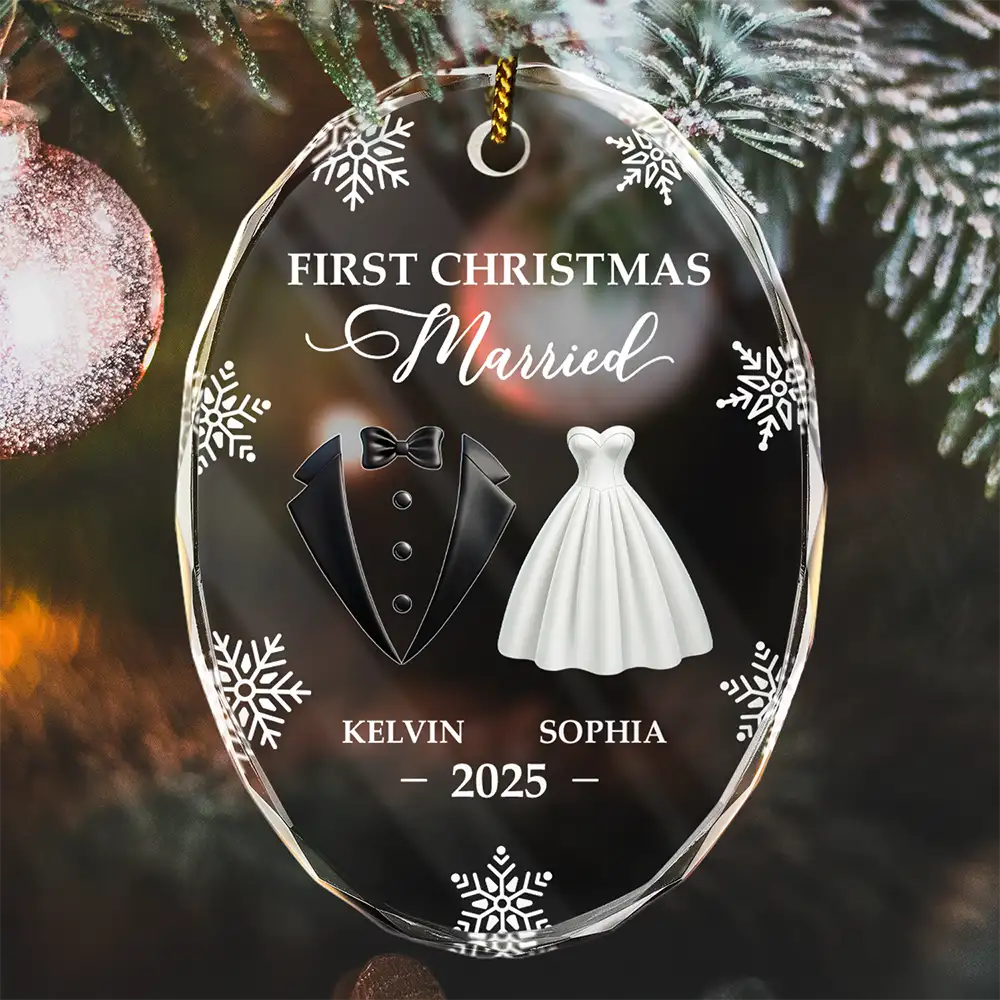 Christmas,Gift For Couples,Gift For Husband,Gift For Wife,Gift For Boyfriend,Gift For Girlfriend,Love - First Christmas As Married Couples - Personalized Oval Glass Ornament
