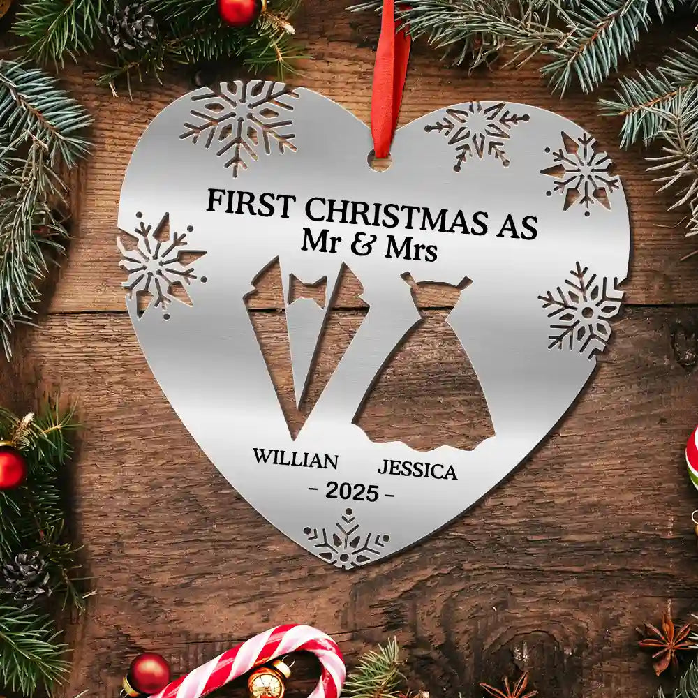 Gift For Couples, Wedding Anniversary, Happy, Christmas - First Christmas As Married Couples Snowflake Heart - Personalized Metal Ornament