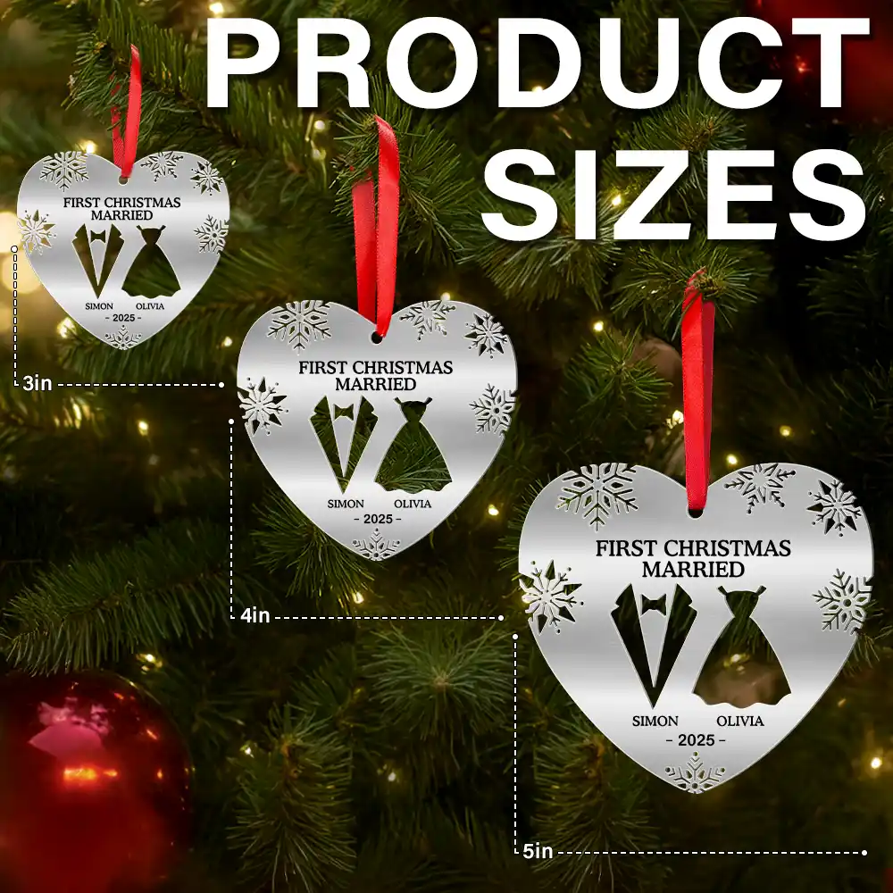 Gift For Couples, Wedding Anniversary, Happy, Christmas - First Christmas As Married Couples Snowflake Heart - Personalized Metal Ornament