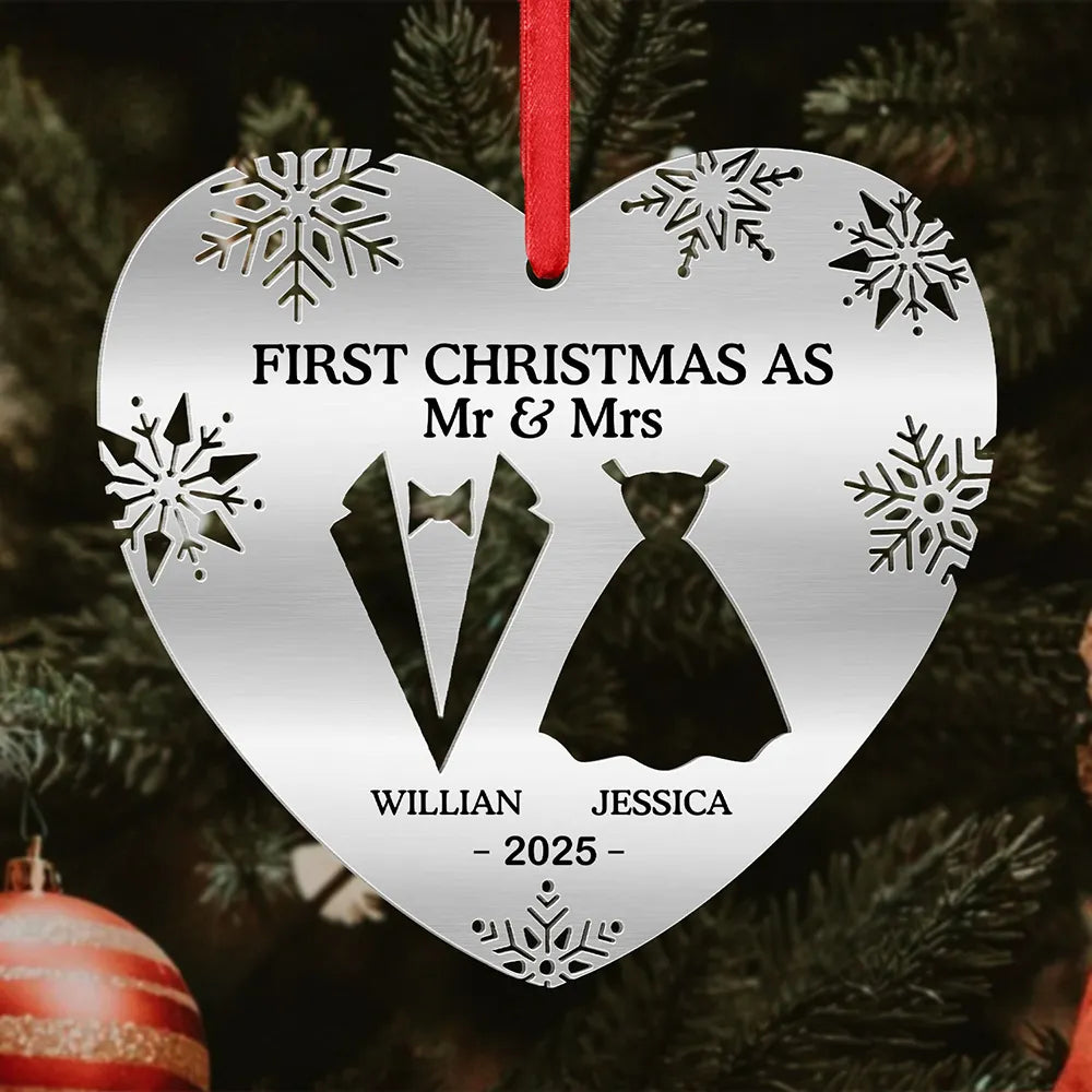 First Christmas As Married Couples Snowflake Heart - Personalized Metal Ornament