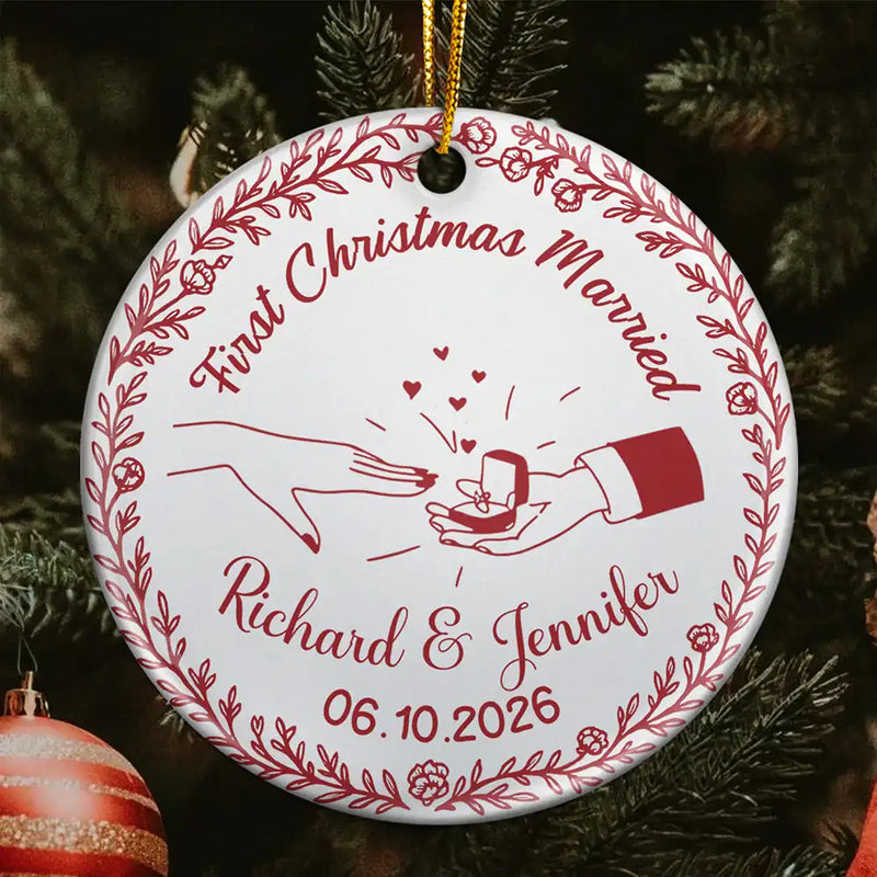 Christmas,Married Couple,Romantic,Gift For Couples,Icon - First Christmas As Mr. & Mrs. Romantic Couple - Personalized Circle Ceramic Ornament