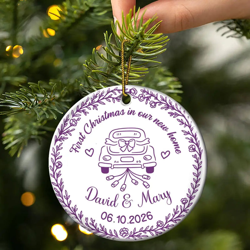 Christmas,Married Couple,Romantic,Gift For Couples,Icon - First Christmas As Mr. & Mrs. Romantic Couple - Personalized Circle Ceramic Ornament