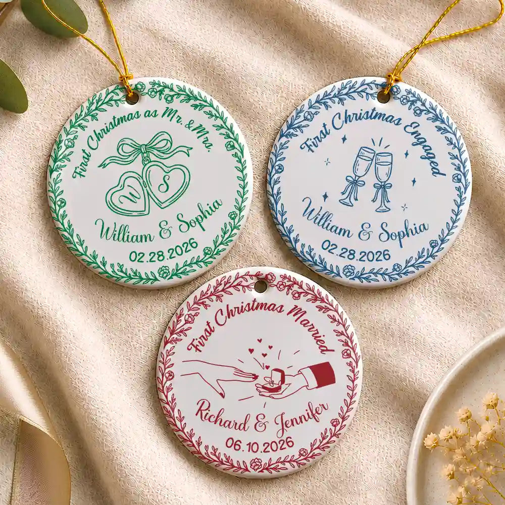 Christmas,Married Couple,Romantic,Gift For Couples,Icon - First Christmas As Mr. & Mrs. Romantic Couple - Personalized Circle Ceramic Ornament