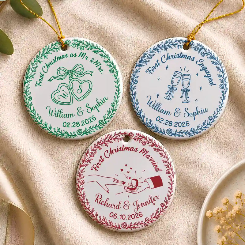 Christmas,Married Couple,Romantic,Gift For Couples,Icon - First Christmas As Mr. & Mrs. Romantic Couple - Personalized Circle Ceramic Ornament