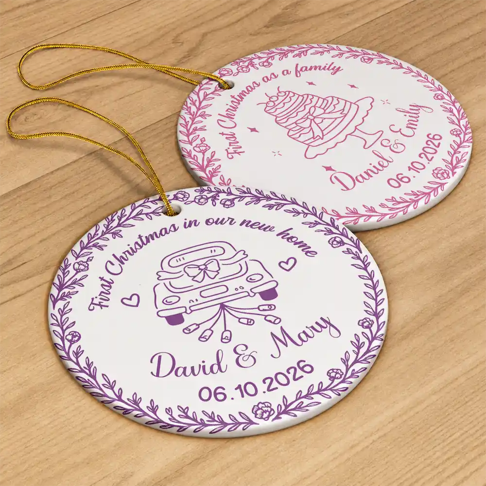 Christmas,Married Couple,Romantic,Gift For Couples,Icon - First Christmas As Mr. & Mrs. Romantic Couple - Personalized Circle Ceramic Ornament