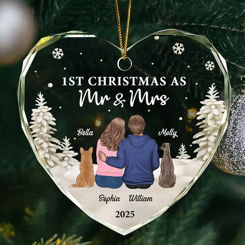 First Christmas As Mr & Mrs Dog Cat - Personalized Heart Shaped Glass Ornament