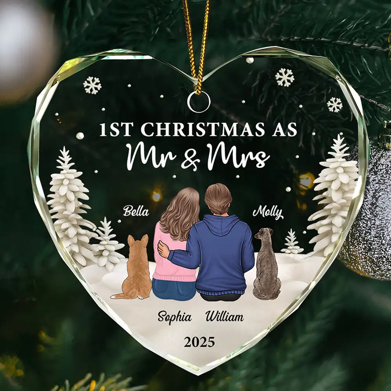 Christmas, Gift For Couples, Engaged, Wedding, Married , Pet Couple, Dog Lovers, Pet Lovers, Cat Lovers, Love - First Christmas As Mr & Mrs Dog Cat - Personalized Heart Shaped Glass Ornament