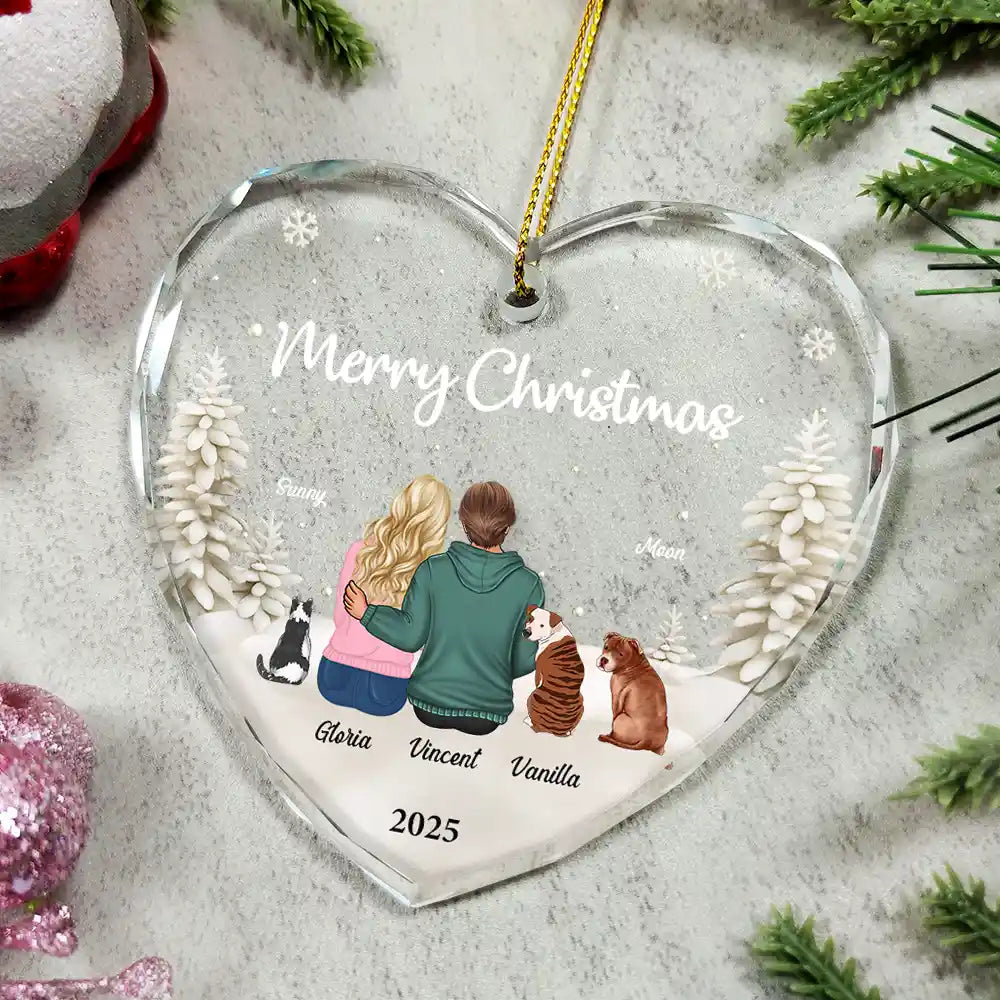 Christmas, Gift For Couples, Engaged, Wedding, Married , Pet Couple, Dog Lovers, Pet Lovers, Cat Lovers, Love - First Christmas As Mr & Mrs Dog Cat - Personalized Heart Shaped Glass Ornament