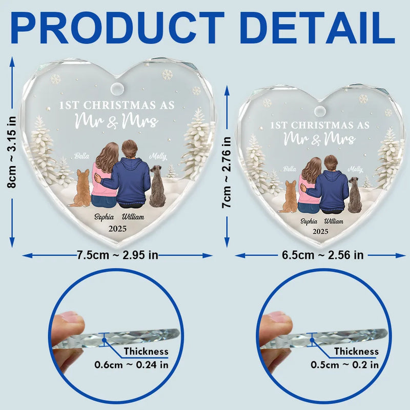 Christmas, Gift For Couples, Engaged, Wedding, Married , Pet Couple, Dog Lovers, Pet Lovers, Cat Lovers, Love - First Christmas As Mr & Mrs Dog Cat - Personalized Heart Shaped Glass Ornament