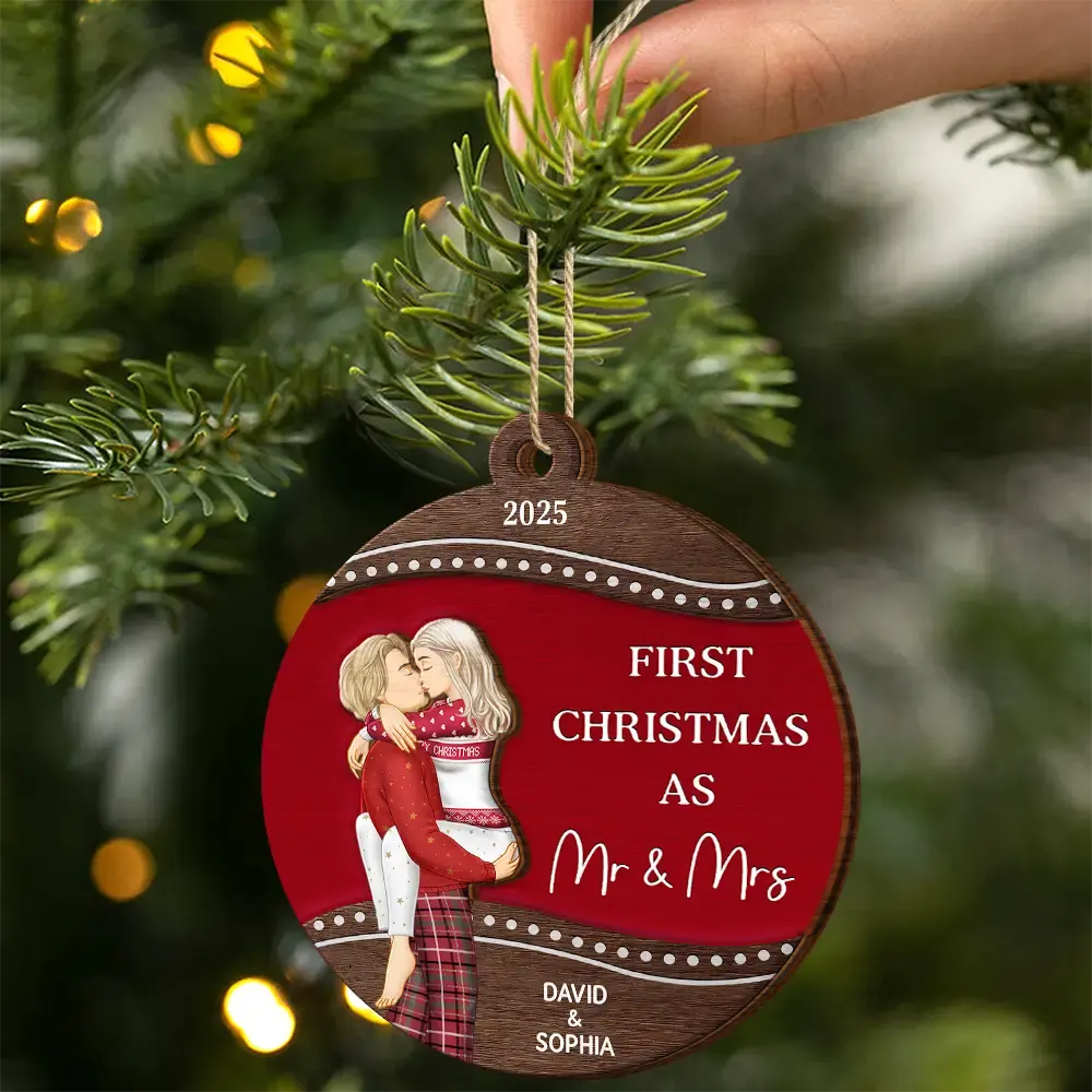 Christmas,Gift For Couples,Engaged,Wedding,Married ,Love - First Christmas As Mr & Mrs Loving Kissing Couple - Personalized 2-Layered Wooden Ornament