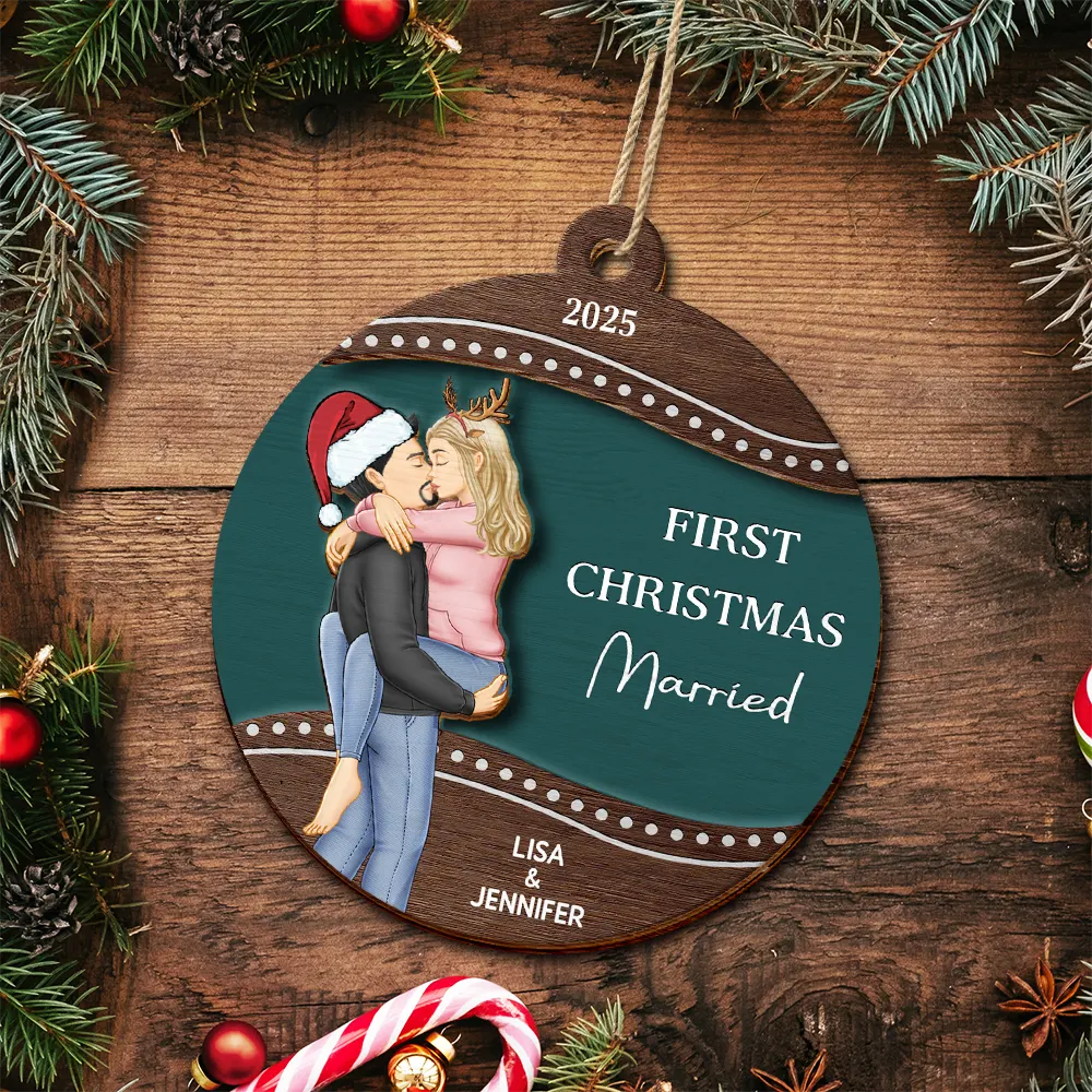 Christmas,Gift For Couples,Engaged,Wedding,Married ,Love - First Christmas As Mr & Mrs Loving Kissing Couple - Personalized 2-Layered Wooden Ornament
