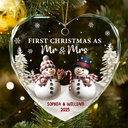 Love,Christmas,Gift For Wife,Gift For Husband,Gift For Couples,Married ,Engaged,Wedding - First Christmas As Mr & Mrs Snowman - Personalized Heart Shaped Glass Ornament