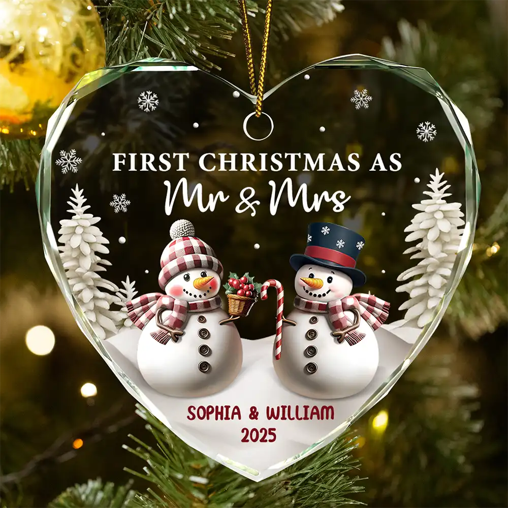Love,Christmas,Gift For Wife,Gift For Husband,Gift For Couples,Married ,Engaged,Wedding - First Christmas As Mr & Mrs Snowman - Personalized Heart Shaped Glass Ornament