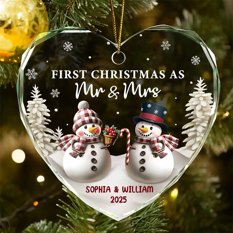 Love,Christmas,Gift For Wife,Gift For Husband,Gift For Couples,Married ,Engaged,Wedding - First Christmas As Mr & Mrs Snowman - Personalized Heart Shaped Glass Ornament
