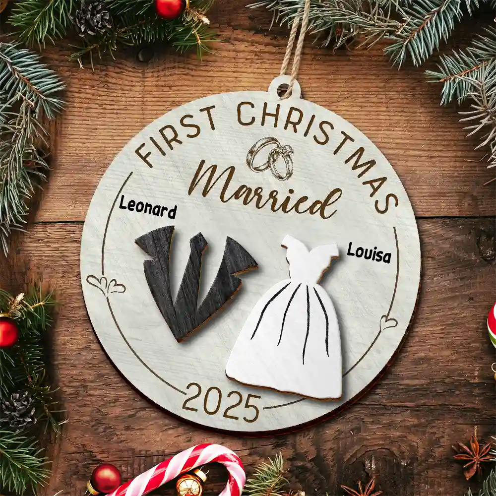 Christmas, Gift For Couples, Engaged, Wedding, Married , Love, Wedding Anniversary - First Christmas As Mr & Mrs Wedding Couples - Personalized 2-Layered Wooden Ornament