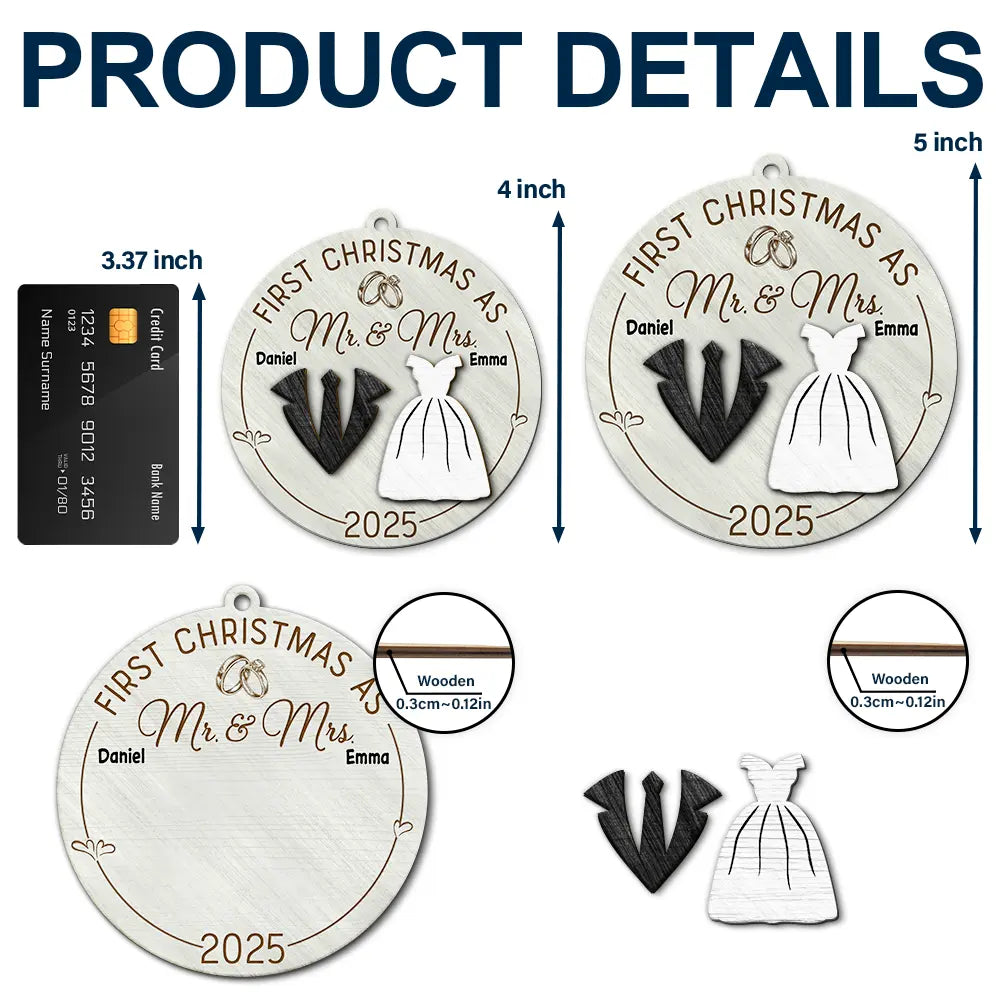 Christmas, Gift For Couples, Engaged, Wedding, Married , Love, Wedding Anniversary - First Christmas As Mr & Mrs Wedding Couples - Personalized 2-Layered Wooden Ornament