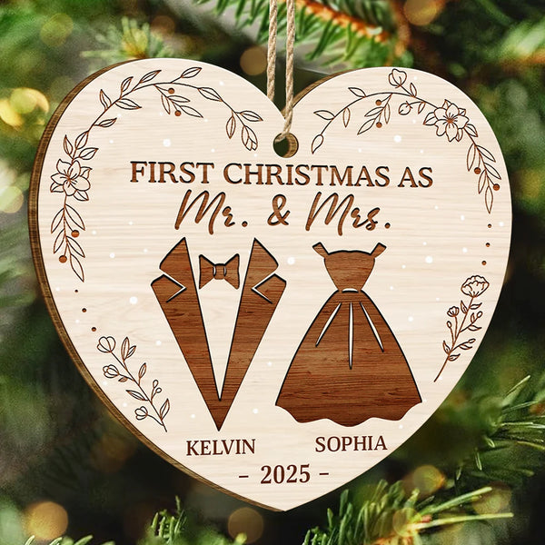 Christmas, Gift For Couples, Engaged, Wedding, Married , Love, Wedding Anniversary - First Christmas As Mr & Mrs Wedding Couples - Personalized Custom Shaped Wooden Ornament