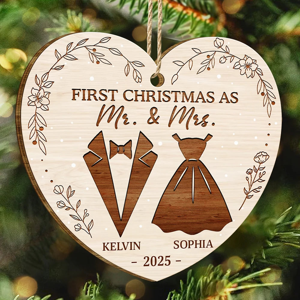 Christmas, Gift For Couples, Engaged, Wedding, Married , Love, Wedding Anniversary - First Christmas As Mr & Mrs Wedding Couples - Personalized Custom Shaped Wooden Ornament