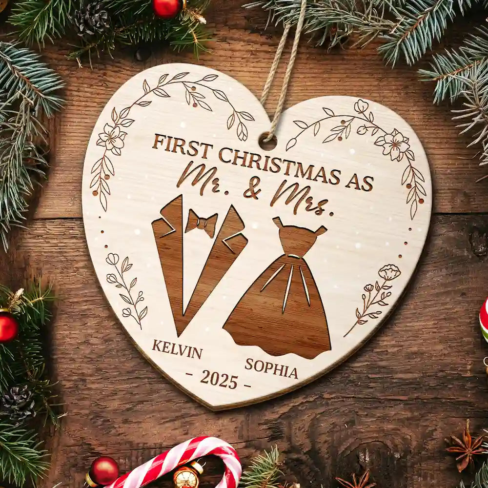 Christmas, Gift For Couples, Engaged, Wedding, Married , Love, Wedding Anniversary - First Christmas As Mr & Mrs Wedding Couples - Personalized Custom Shaped Wooden Ornament