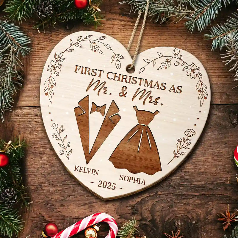 Christmas, Gift For Couples, Engaged, Wedding, Married , Love, Wedding Anniversary - First Christmas As Mr & Mrs Wedding Couples - Personalized Custom Shaped Wooden Ornament