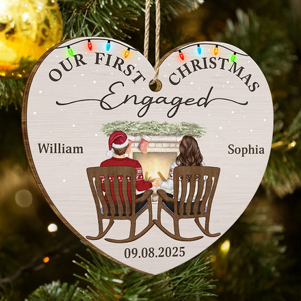 First Christmas Engaged Couples - Personalized Custom Shaped Wooden Ornament