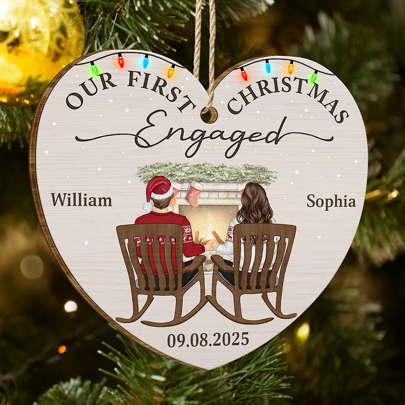 First Christmas Engaged Couples - Personalized Custom Shaped Wooden Ornament