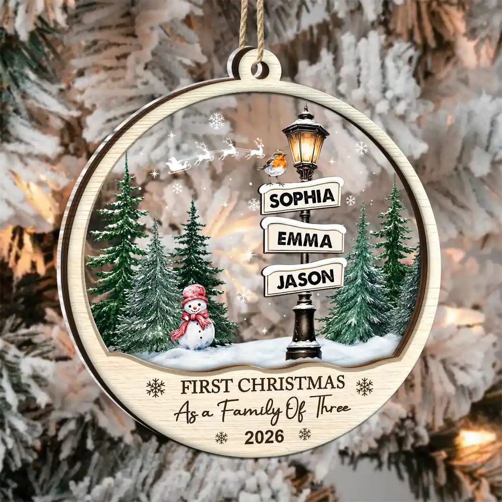 Adorable,First Christmas,Christmas,Family,Icon - First Christmas Family Road Sign - Personalized 2-Layered Mix Ornament