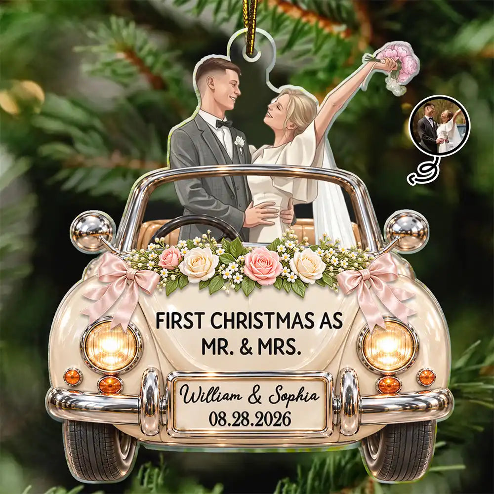 Art Design,Christmas,Custom Photo,First Christmas,Gift For Couples,Married Couple,Photo - Semi Realistic Portrait,Romantic - First Christmas Gift For Newlyweds - Personalized Custom Photo Mr And Mrs Names Just Married Car Acrylic Ornament