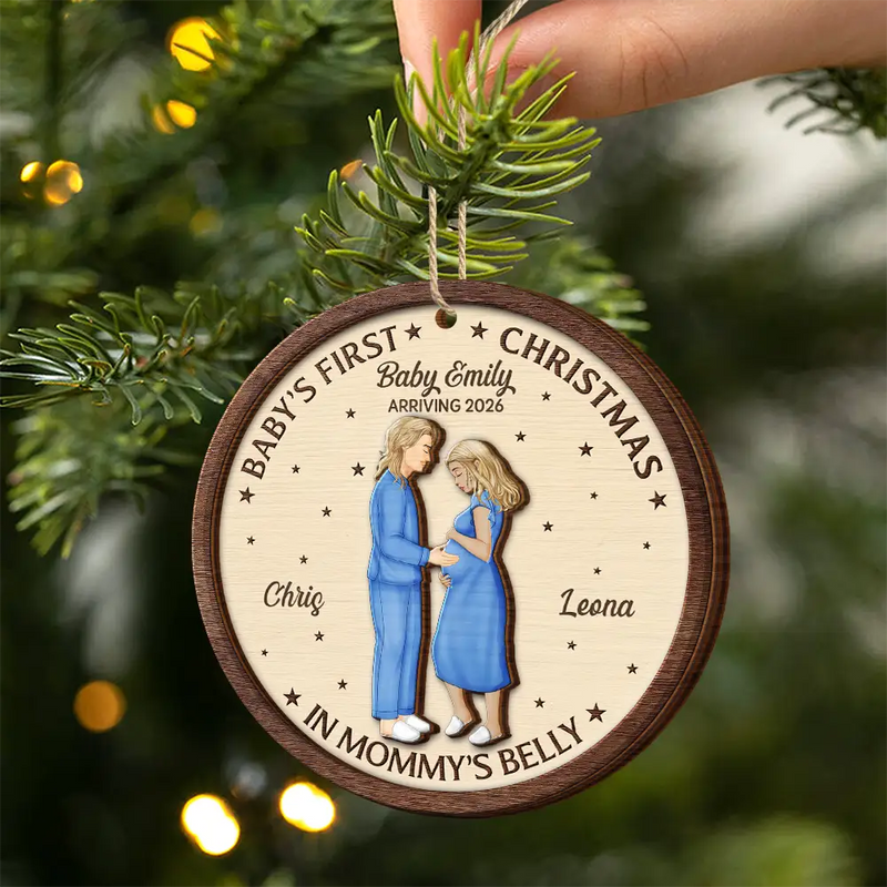 Christmas,Pregnant Mom,New baby - First Christmas In Mommy's Belly - Personalized 2-Layered Wooden Ornament