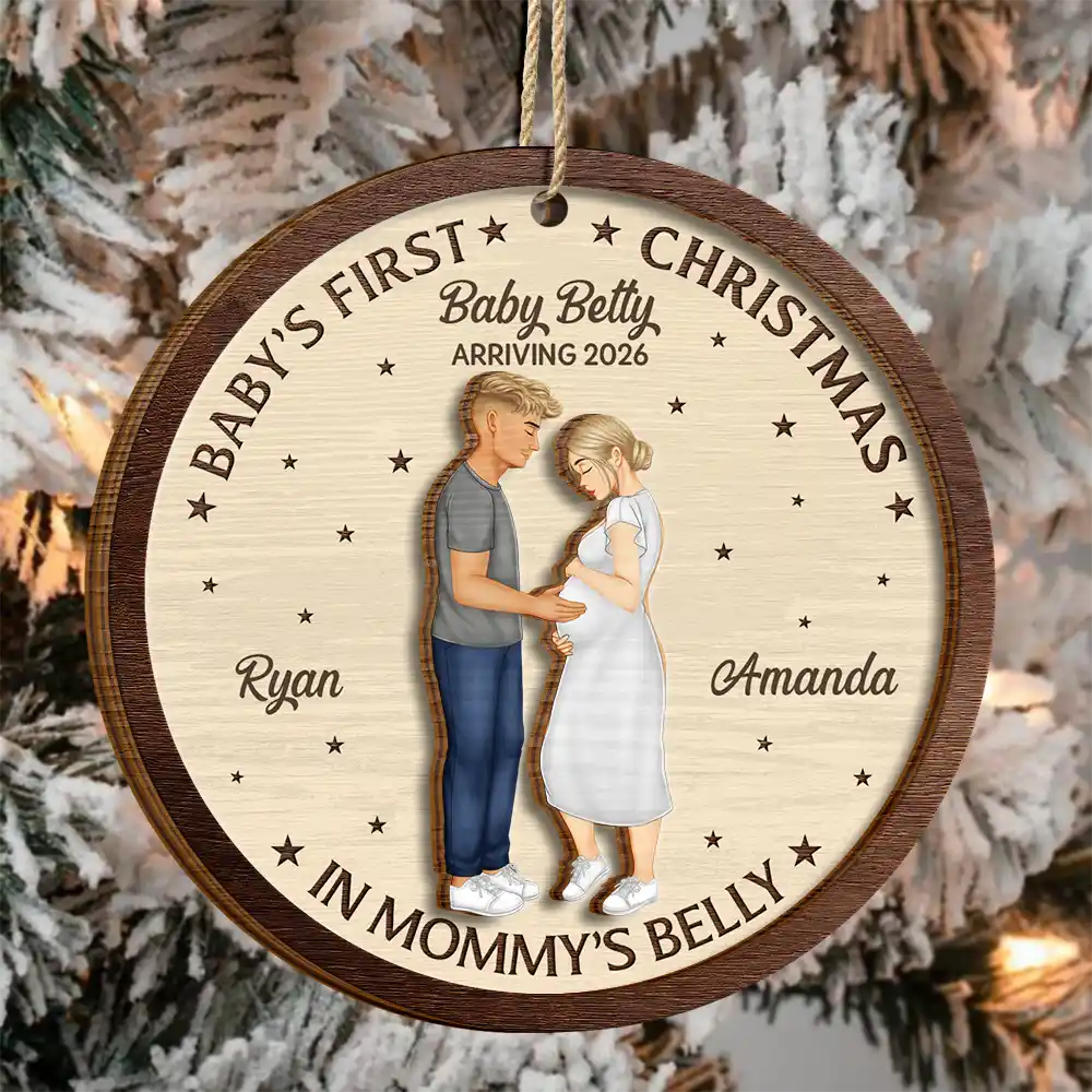 Christmas,Pregnant Mom,New baby - First Christmas In Mommy's Belly - Personalized 2-Layered Wooden Ornament
