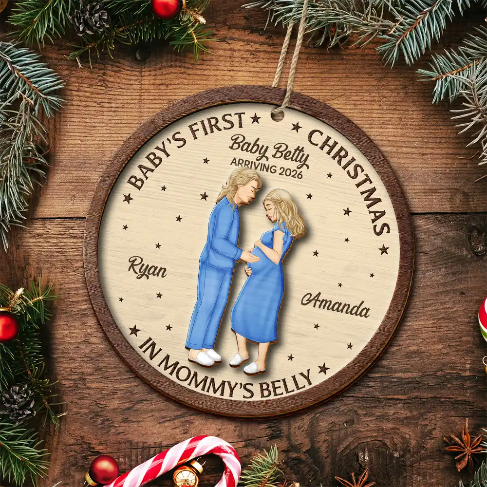 Christmas,Pregnant Mom,New baby - First Christmas In Mommy's Belly - Personalized 2-Layered Wooden Ornament