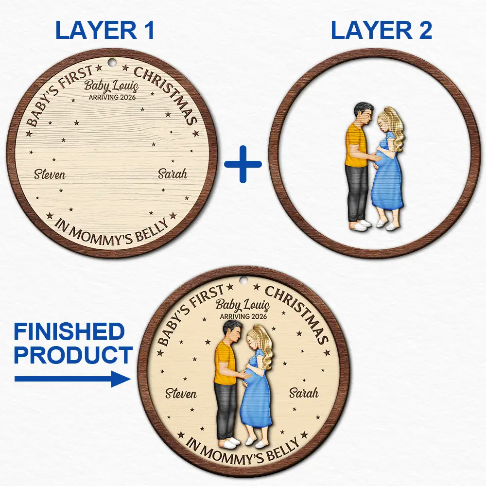 Christmas,Pregnant Mom,New baby - First Christmas In Mommy's Belly - Personalized 2-Layered Wooden Ornament