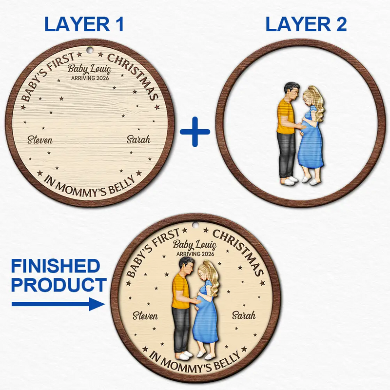 Christmas,Pregnant Mom,New baby - First Christmas In Mommy's Belly - Personalized 2-Layered Wooden Ornament