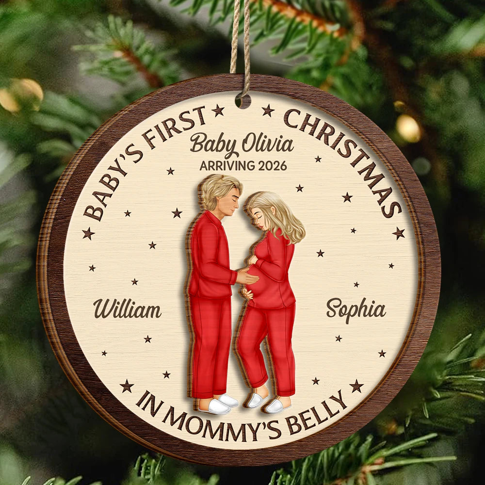 First Christmas In Mommy's Belly - Personalized 2-Layered Wooden Ornament