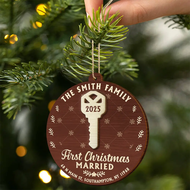 Happy,Gift For Couples,Gift For Husband,Gift For Wife,Married ,Christmas - First Christmas In Our New Home - Personalized 2-Layered Wooden Ornament