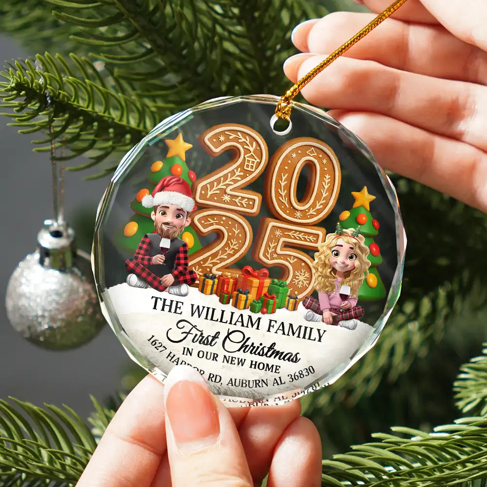 Christmas,Family,Happy - First Christmas In Our New Home Family Version - Personalized Circle Glass Ornament