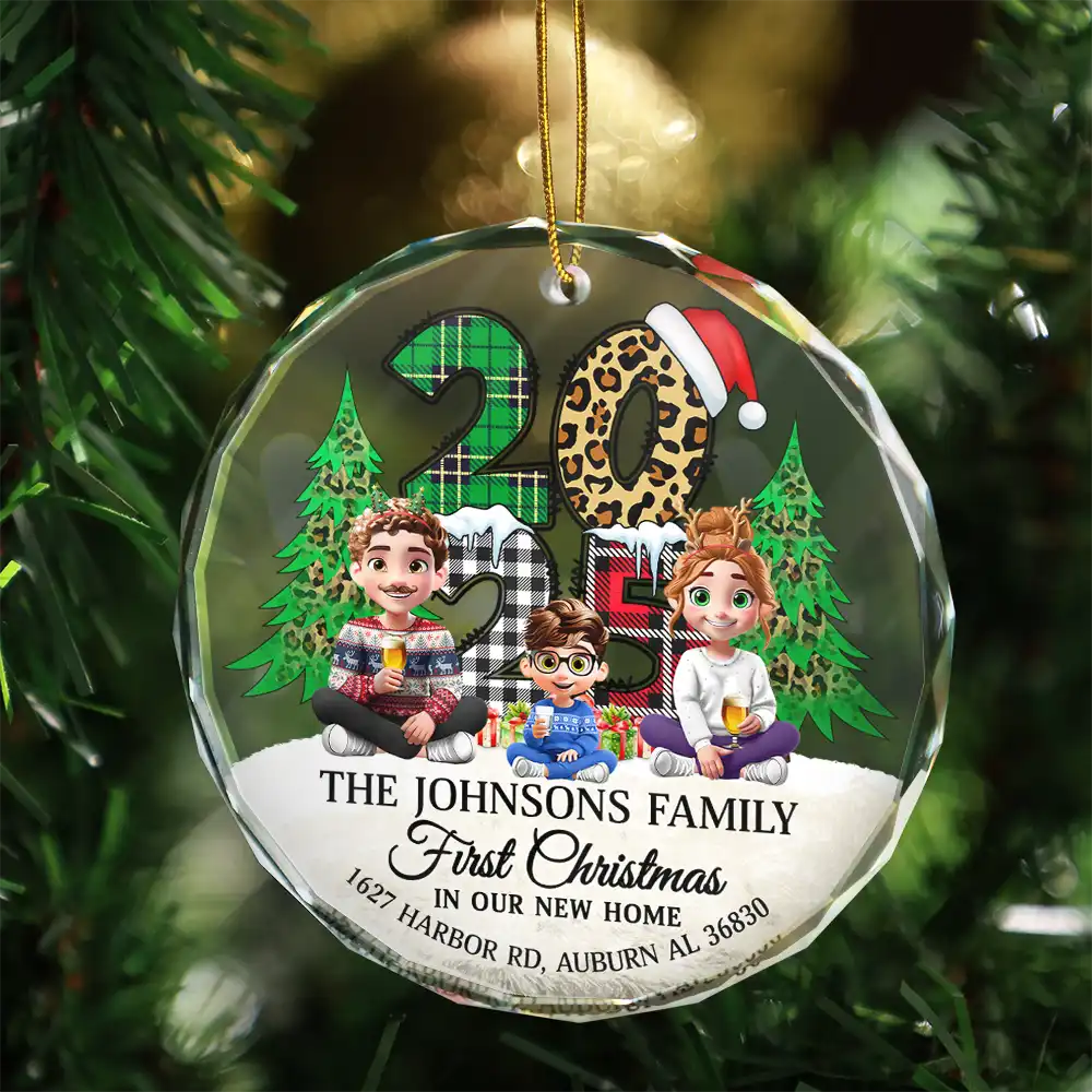 Christmas,Family,Happy - First Christmas In Our New Home Family Version - Personalized Circle Glass Ornament