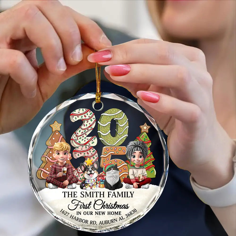 Christmas,Family,Happy - First Christmas In Our New Home Family Version - Personalized Circle Glass Ornament