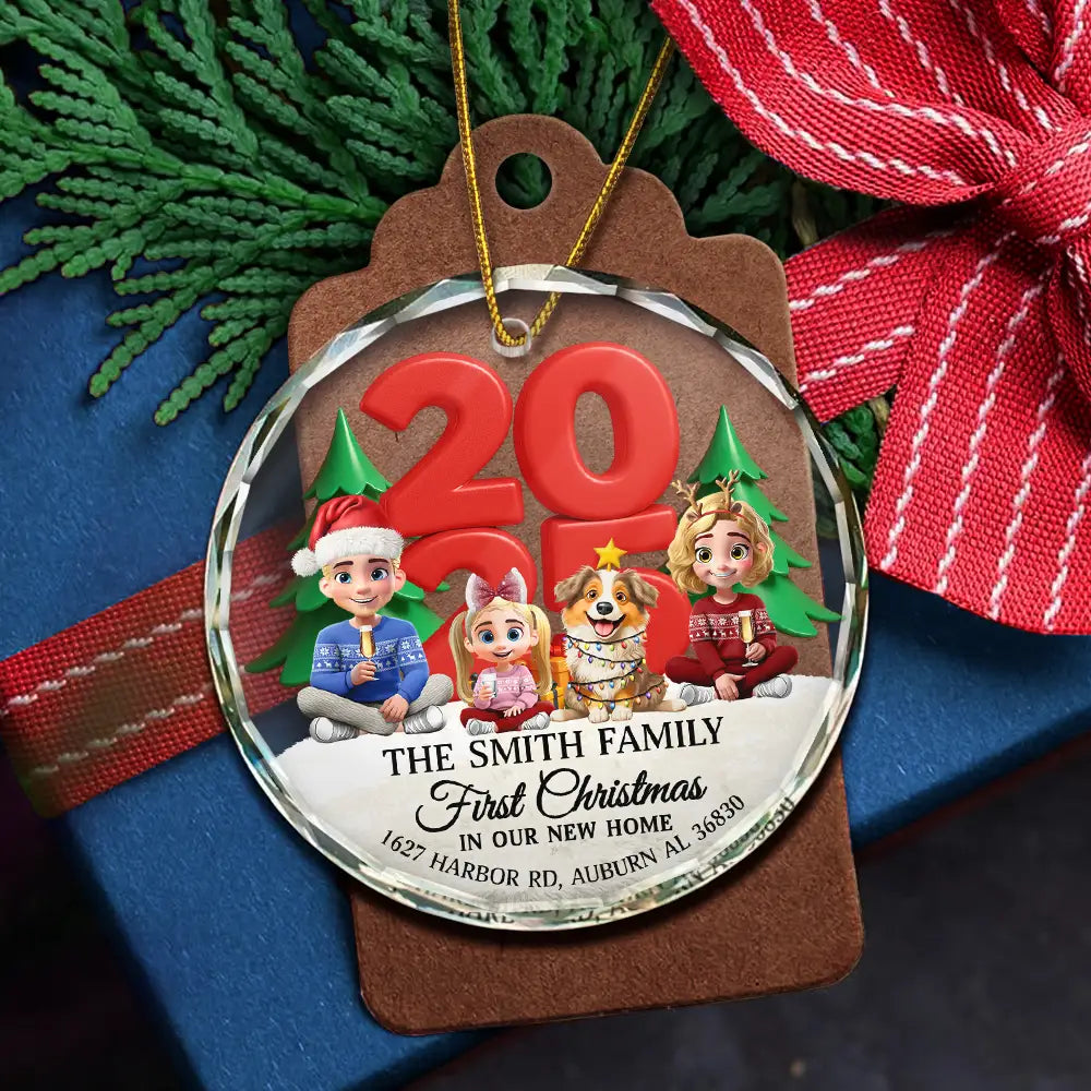 Christmas,Family,Happy - First Christmas In Our New Home Family Version - Personalized Circle Glass Ornament