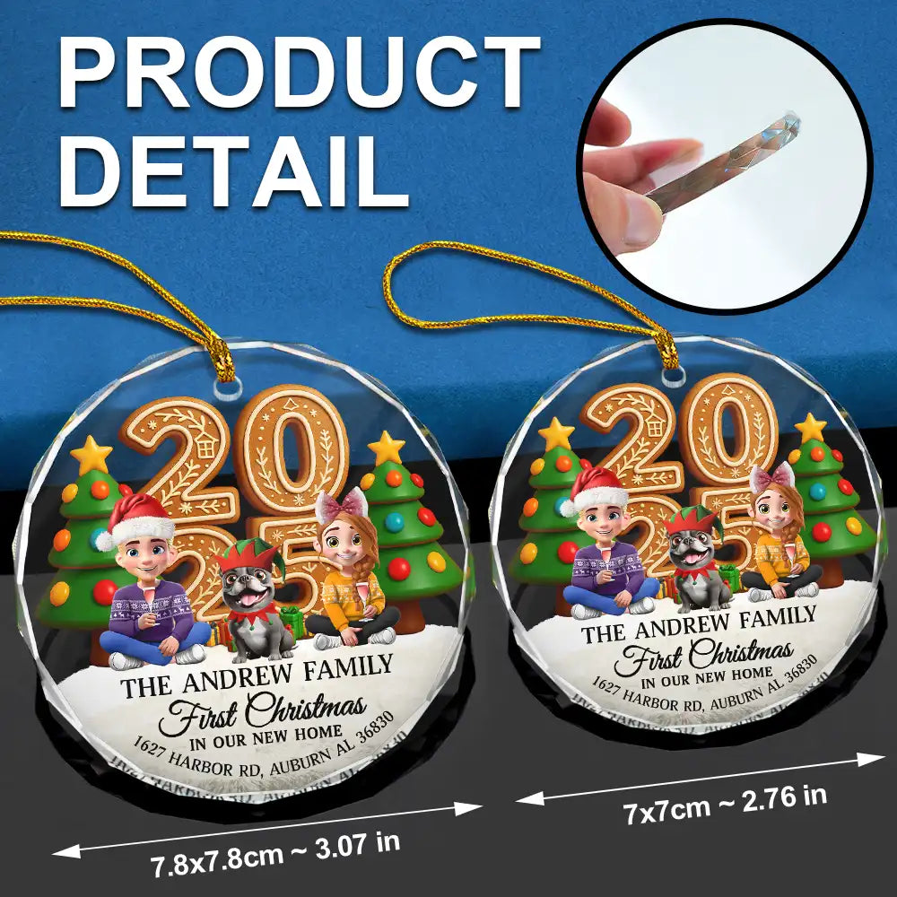 Christmas,Family,Happy - First Christmas In Our New Home Family Version - Personalized Circle Glass Ornament