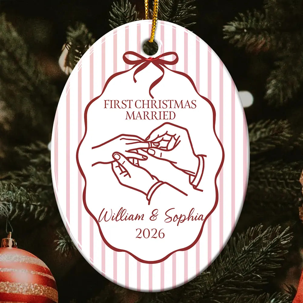 Christmas, Married Couple, Romantic, Gift For Couples, Icon - First Christmas Married Stripes Pattern - Personalized Oval Ceramic Ornament