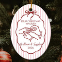 Christmas, Married Couple, Romantic, Gift For Couples, Icon - First Christmas Married Stripes Pattern - Personalized Oval Ceramic Ornament