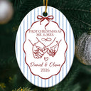 Christmas, Married Couple, Romantic, Gift For Couples, Icon - First Christmas Married Stripes Pattern - Personalized Oval Ceramic Ornament